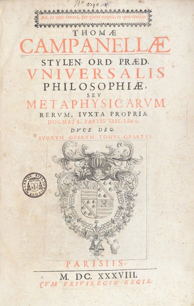 Frontyspis do filozofii powszechnej Tommaso Campanella, opublikowany w Paryżu, 1638 autorstwa French School