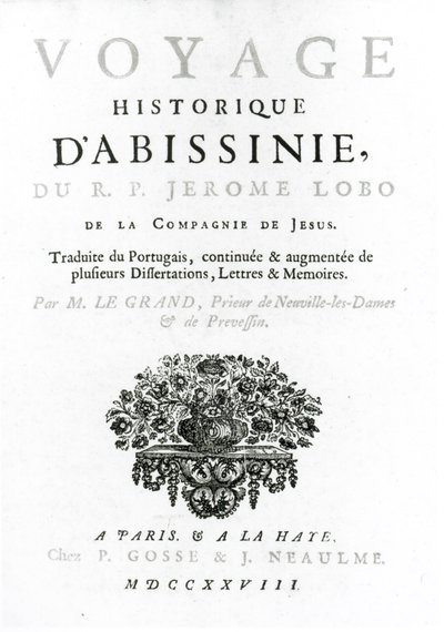 Frontyspis do francuskiego przekładu Podróży do Abisynii Jeronimo Lobo (ok. 1596-1678) opublikowanego w 1728 r. autorstwa French School