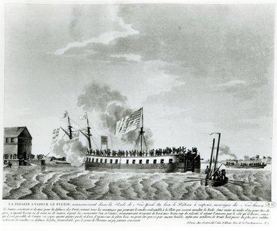 Okręt wojenny Fultons o napędzie parowym, Fulton the First, zaprojektowany i zbudowany przez Roberta Fultona do obrony Nowego Jorku w wojnie 1812 roku (zdjęcie czarno-graficzne z początku XIX wieku) autorstwa French School