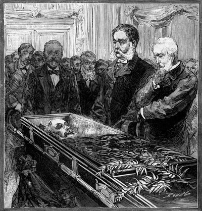 Pogrzeb Jamesa Abrama Garfielda (1831-1881), prezydenta Stanów Zjednoczonych: jego następcę, Chestera Alana Arthura (1830-1886) i sekretarza Blaina przed trumną pod kopułą Kapitolu w Waszyngtonie. Grawerowanie w „” Le Monde Illustré”” nr 1282 z autorstwa French School