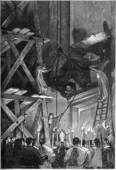 Pogrzeb papieża Piusa Ix (Pio) (1792-1878): pochówek ciała w Bazylice św. Piotra w Rzymie. Grawer w „”Le Monde Illustré””n°1093 z dnia 9 marca 1878 r. autorstwa French School