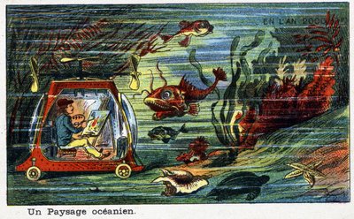 Futuredays: XIX-wieczna wizja roku 2000 - Seria „”W roku 2000””: Krajobraz oceaniczny (malarz malujący krajobraz pod wodą w małym podwodnym pojeździe). Chromolitografia Villemarda autorstwa French School