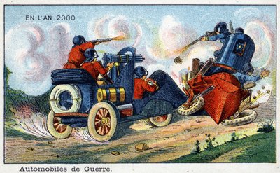 Futuredays: XIX-wieczna wizja roku 2000 – Seria „W roku 2000”: Motoryzacja wojny. Chromolitografia autorstwa Villemarda autorstwa French School