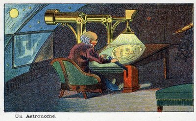 Futuredays: Wizja roku 2000 z XIX wieku Seria: Astronom (pracujący z konkretnym teleskopem). Chromolitografia autorstwa Villemarda autorstwa French School
