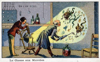 Futuredays: Wizja roku 2000 z XIX wieku Seria: The Hunting of Microbes (2 naukowców usuwających powiększone drobnoustroje za pomocą maszyny). Chromolitografia autorstwa Villemarda autorstwa French School