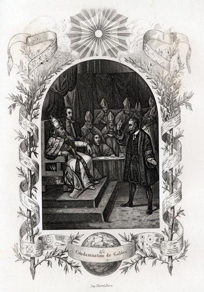 Galilea (lub Galileo Galilei (1564-1642)) przed Świętym Oficjum w Watykanie”” Astronom został skazany przez Trybunał Inkwizycji w 1632 roku. Grawer ilustrujący Histoire des Popes autorstwa Maurice Lachatre (1814-1900), librairie du progres, Paryż. autorstwa French School