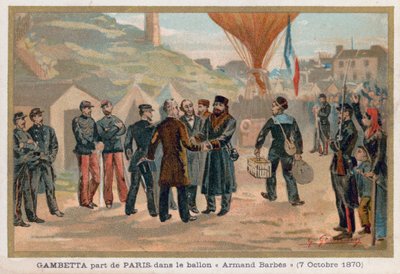 Gambetta opuszcza Paryż w balonie na ogrzane powietrze Armand-Barbes autorstwa French School