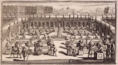 Ogrodnicy pracujący w ogrodzie pomarańczowym, z Le Parfait Jardinier, ou Instruction pour les Jardins Fruitiers et Potager, Jean de la Quintinye, opublikowana 1695 autorstwa French School