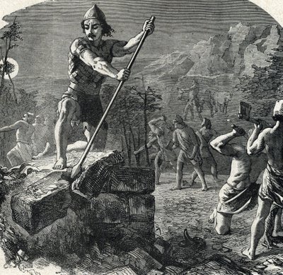 Gedeon (Gideon) niszczy ołtarz Baala, który pogrążył jego lud w bałwochwalstwie (Gideon lub Gedeon niszczący ołtarz Baala) Rycina z prywatnej kolekcji „Święta historia Lahure z XIX wieku” autorstwa French School