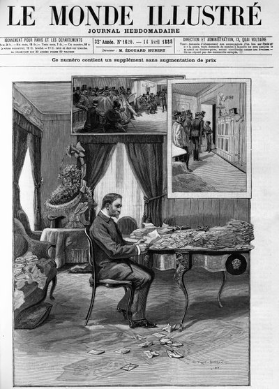 Generał Georges Boulanger (1837-1891) w Hotel du Louvre przeprowadził badanie korespondencji w „Le Monde illustrious” w 1888 roku. autorstwa French School