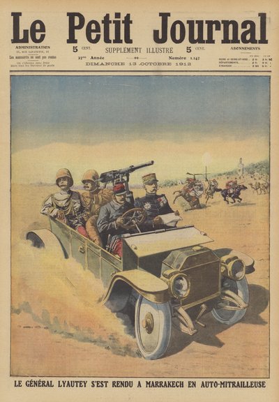 Generał Hubert Lyautey, generał-rezydent francuskiego Maroka, zwiedza Marrakesz w samochodzie pancernym (kolor lito) autorstwa French School