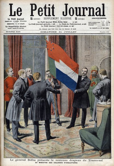Generał Pieter Willem Botha (bur) przedstawia nową flagę Transwalu (RPA) angielskiemu ministrowi kolonialnemu Lordowi Elginowi - w „Le Petit Journal” z 21 lipca autorstwa French School