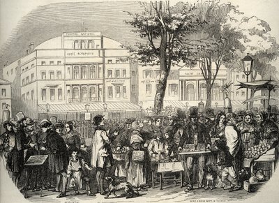Widok ogólny na boulevard du Temple w Paryżu - uliczni sprzedawcy - Paryż - Ogólny widok na boulevard du Temple - Kupcy ambulanty - Grawerowanie w „Tableau-de-Paris” autorstwa Edmonda Texiera 1852 autorstwa French School
