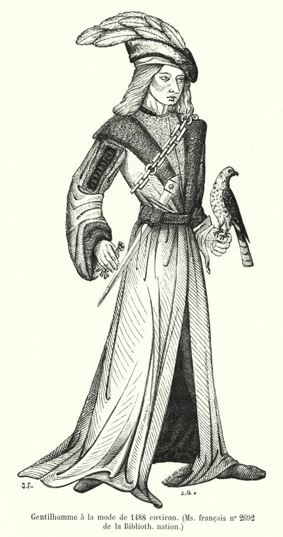 Modny dżentelmen z około 1488 roku (rycina) autorstwa French School