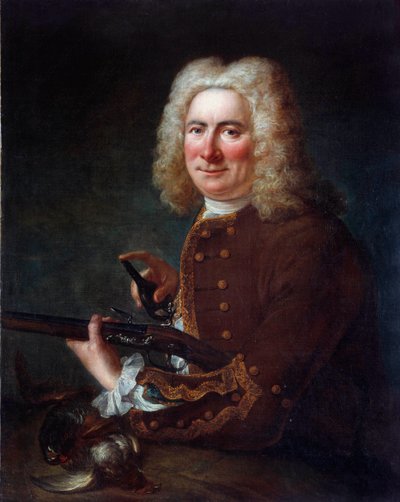 Pan z karabinem krzemiennym. Anonimowy obraz z XVIII wieku. Gien, Musee de la chasse - Dżentelmen z pistoletem skałkowym. Anonimowy obraz z XVIII wieku. Muzeum Łowiectwa, Gien, Francja autorstwa French School