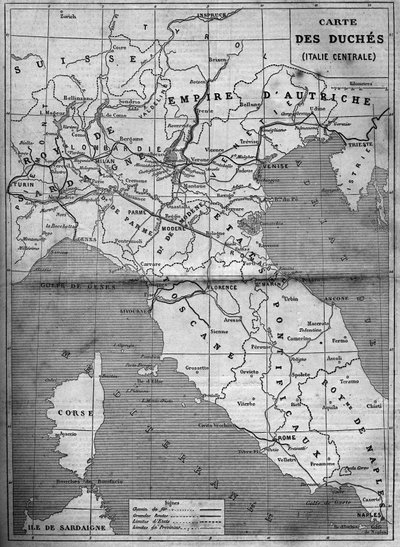 Mapa geograficzna księżnej środkowych Włoch w 1860 r. Grawer w „”Le Monde Illustré””n°143 z 7 stycznia 1860 r. autorstwa French School