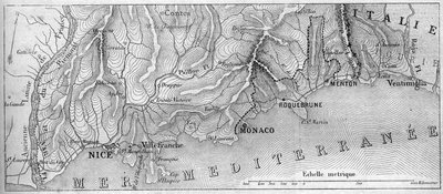 Mapa geograficzna Principaute de Monaco, w 1861 roku, zanim miasta Roquebrune i Menton przyłączyły się do Francji. Grawer w „”Le Monde Illustré””n°202 z 23 lutego 1861 r. autorstwa French School