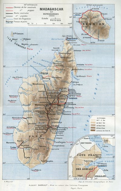 Mapa geograficzna kolonii Madagaskaru i jej terytoriów zależnych, Reunionu i francuskiego wybrzeża Somalii. w "La mise en valeur des colonies francaises", Albert Sarraut autorstwa French School