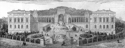 Widok geometryczny Palais de Longchamp w Marsylii, Bouches du Rhone (13), zbudowany w 1862 roku przez Henri Jacquesa Esperandieu (1829-1874). Grawerowanie w „” Świat Ilustrowany”” n°681 z 30 kwietnia autorstwa French School