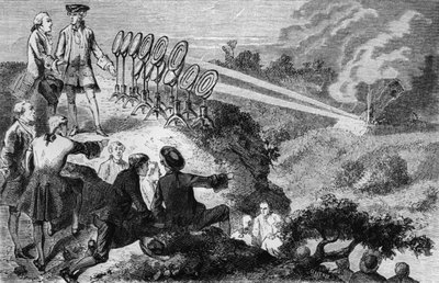 Georges-Louis Leclerc (1707-88) Hrabia de Buffon eksperymentuje z płonącymi lustrami na stogach siana w Montbard, z La Vie des Savants Illustres Louisa Figuiera, opublikowanej w Paryżu w 1872 roku (bw p autorstwa French School