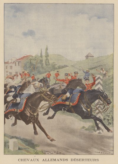 Konie armii niemieckiej "dezerterujące" przez francuską granicę (kolorowa litografia) autorstwa French School