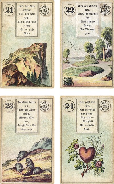 Niemieckie wydanie francuskiej talii kartomancji Lenormand: Góra, Droga, Myszy, Serce, wydane przez Dondorf, Frankfurt, XIX wiek autorstwa French School