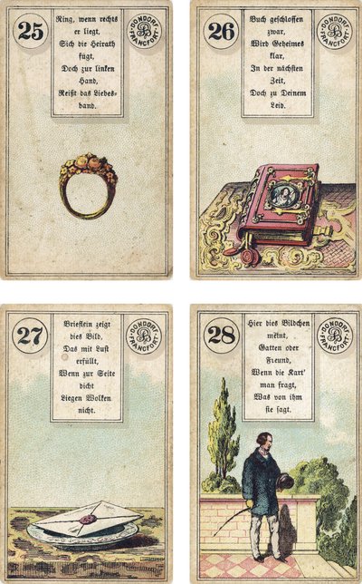 Niemieckie wydanie francuskiej talii kartomancji Lenormand: Pierścień, Księga, List, Dżentelmen, wyd. Dondorf, Frankfurt, XIX w. autorstwa French School