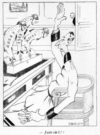 Niemiecki oficer odbierający trzy kwietniowe ryby, rysunek z Prima Aprilis (Poisson dAvril) wydanie magazynu La Baionette, 29 marca 1917 autorstwa French School