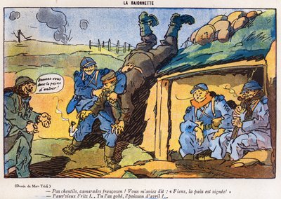 Niemiecki żołnierz schwytany przez francuskich żołnierzy w wyniku podstępu, karykatura z Prima Aprilis (Poisson dAvril) wydanie magazynu La Baionette, 29 marca 1917 autorstwa French School