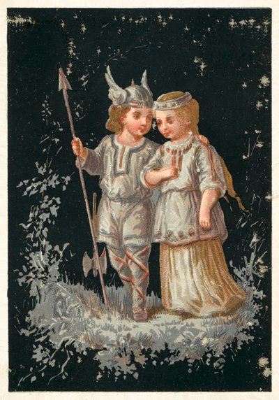Dziewczynka i chłopiec w strojach nordyckich lub germańskich (chromolitho) autorstwa French School