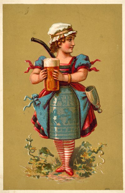 Dziewczyna trzymająca dużą szklankę piwa (chromolitho) autorstwa French School