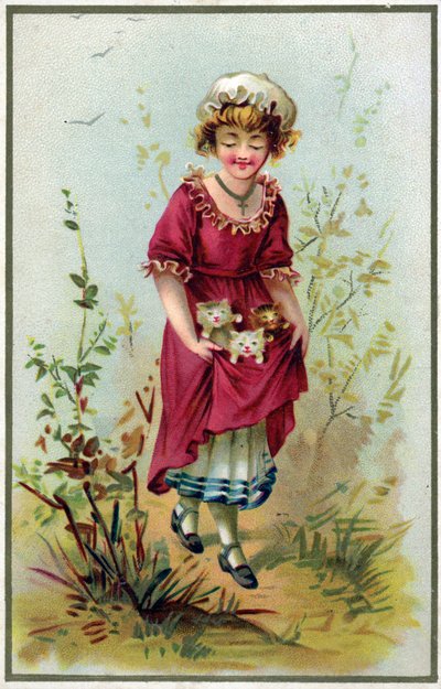 Dziewczyna trzyma trzy kocięta w fartuchu autorstwa French School