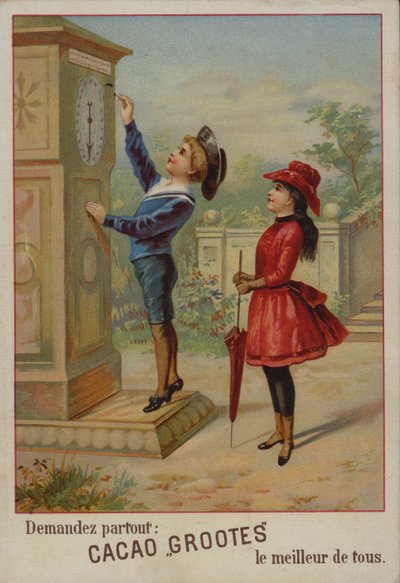 Dziewczyna oglądająca chłopca ustawiającego zegar (chromolitho) autorstwa French School