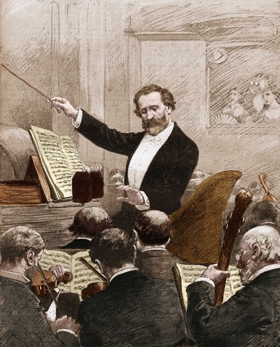 Giuseppe Verdi prowadzący orkiestrę operową do pierwszej reprezentacji „Aidy” w Paryżu w 1880 roku. autorstwa French School