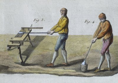 Dmuchanie szkła, detal, ilustracja z Encyclopedie des Sciences et Metiers autorstwa Denisa Diderota (1713-84) rytowana przez Roberta Benarda (fl.1734) wydana ok. 1770 (kolorowa grawerunek) (patrz także 326118) autorstwa French School