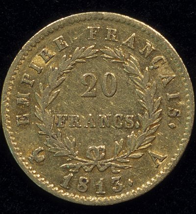 Złota moneta 20 franków (Napoleon) z 1813 r. wstecz. autorstwa French School