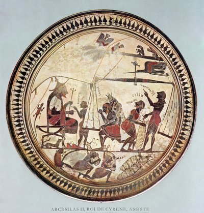 Grecki puchar przedstawiający Arcesilasa II, króla Cyreny (ok. 560-550 pne) oglądającego ważenie i ładowanie silphium, kopia oryginału z VI wieku p.n.e. autorstwa French School