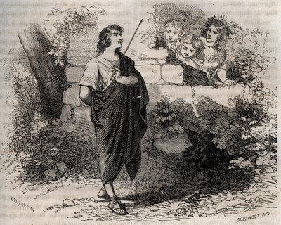 Mitologia grecka: Bacchis i jego przyjaciele próbują uwieść Gygesa, który odmawia i pozostaje wierny swojej zmarłej żonie. Grawer z 1871 r. w „Histoire Des Cocuses Celebres” Henry