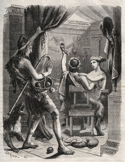 Mitologia grecka: „”Ten krzyk wydał Paryż””. Paris zaskakuje Helene Peritanusem. Grawer z 1871 r. w „Histoire Des Cocuses Celebres” Henry