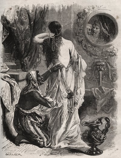 Mitologia grecka: król Lydie Candaule (lub Caudale) pokazuje swoją nagą żonę swojemu powiernikowi Gygesowi, chowa się w cieniu, gdy otwiera się w sypialni. Grawer z 1871 r. w „Histoire Des Cocus Celebres” Henry