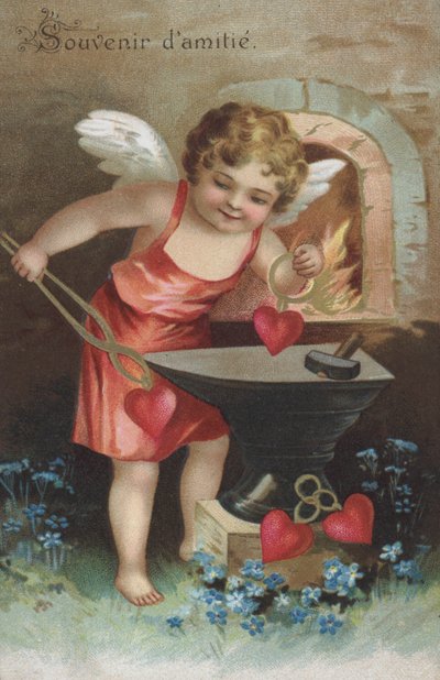 Kartka z pozdrowieniami przedstawiająca cherubinka tworzącego żetony przyjaźni w kuźni (chromolit) autorstwa French School