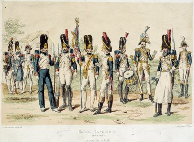 Grenadierzy stopa Gwardii Cesarskiej Napoleona I (w latach 1804-1814). Grawerowanie z XIX wieku. Paryż, Sztuka Dekoracyjna autorstwa French School