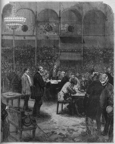 Greve des cochers de charres de Paris w 1878 r.: wybór delegatów do towarzystwa Petites Cars (Petite-Cars) w cyrku Fernando. Grawer w „”Le Monde Illustré””n°1116 z 17 sierpnia 1878 r. autorstwa French School
