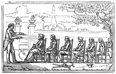 Grupowa magnetoterapia, ilustracja z Therapeutique Magnetique Barona du Poteta, 1863 autorstwa French School