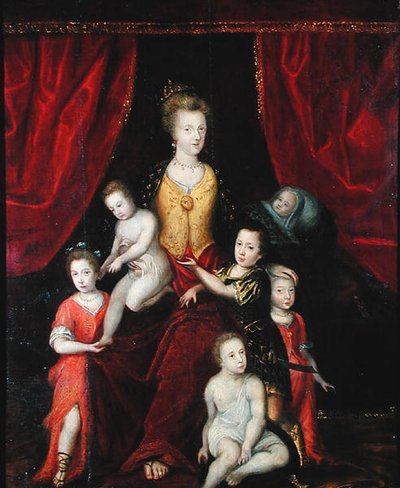 Portret zbiorowy, prawdopodobnie królowej z sześciorgiem dzieci, koniec XVI lub początek XVII wieku (olej na płótnie) autorstwa French School