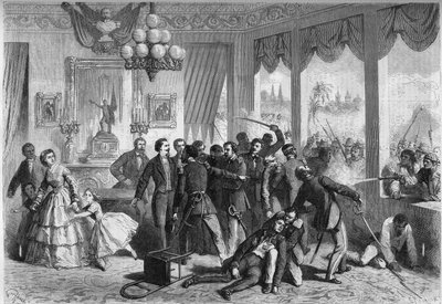 Wojna z Hiszpanią w Ameryce Południowej – Lima (Peru) – 5 lutego 1865 r.: ranni i ścigani przez ludność miasta Hiszpanie schronią się we francuskim poselstwie. Grawer w „Le Monde Illustre” nr 421 z 6 maja 1865 r. autorstwa French School