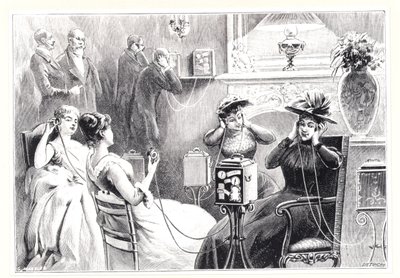 Goście w paryskim hotelu słuchają bezpośrednich przekaźników do spektakli operowych lub teatralnych na Theatrophone Marinovicha i Szarvasa, z La Nature, wydanej w 1892 r. autorstwa French School