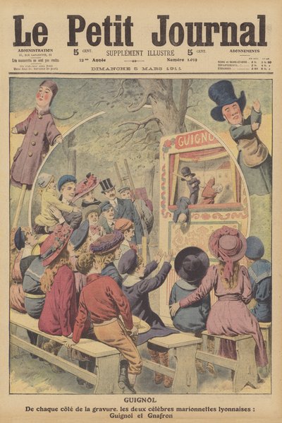 Guignol i Gnafron, słynne francuskie lalki z przedstawienia w Lyonie (kolorowa litografia) autorstwa French School