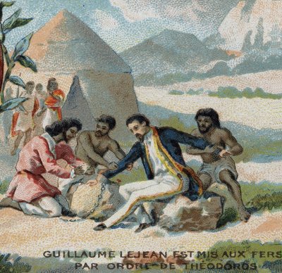 Guillaume Lejean, francuski odkrywca, został zakuty w kajdany na rozkaz cesarza Teodorosa z Abisynii (dzisiejsza Etiopia). Chromolitografia XIX wieku. autorstwa French School