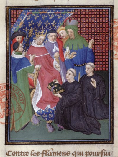 Guillaume de Nangis (zm. 1300 lub 1303) przedstawia swoją książkę Filipowi IV le Bel, królowi Francji w latach 1285-1314 (welum) (detal z 239257) autorstwa French School